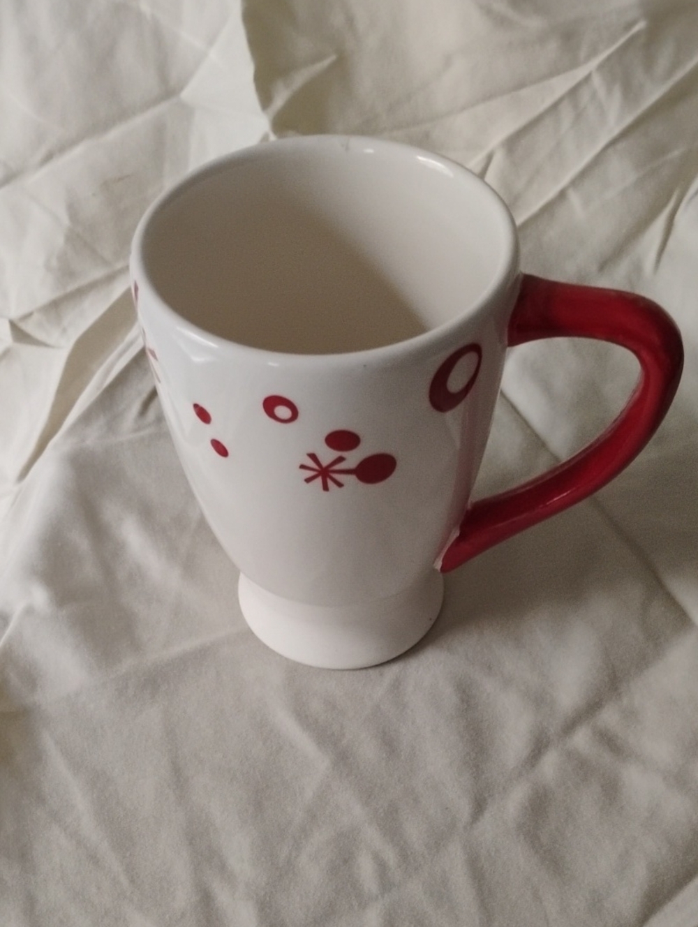 Pier 1 White Ceramic Mug with Red Handle and Red Dot Accents